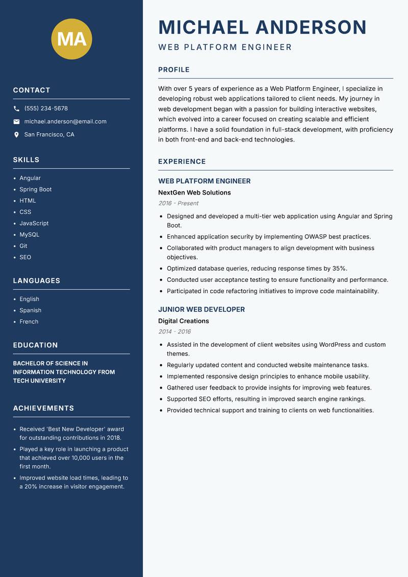 Web Platform Engineer resume sample — Web Platform Engineer focus