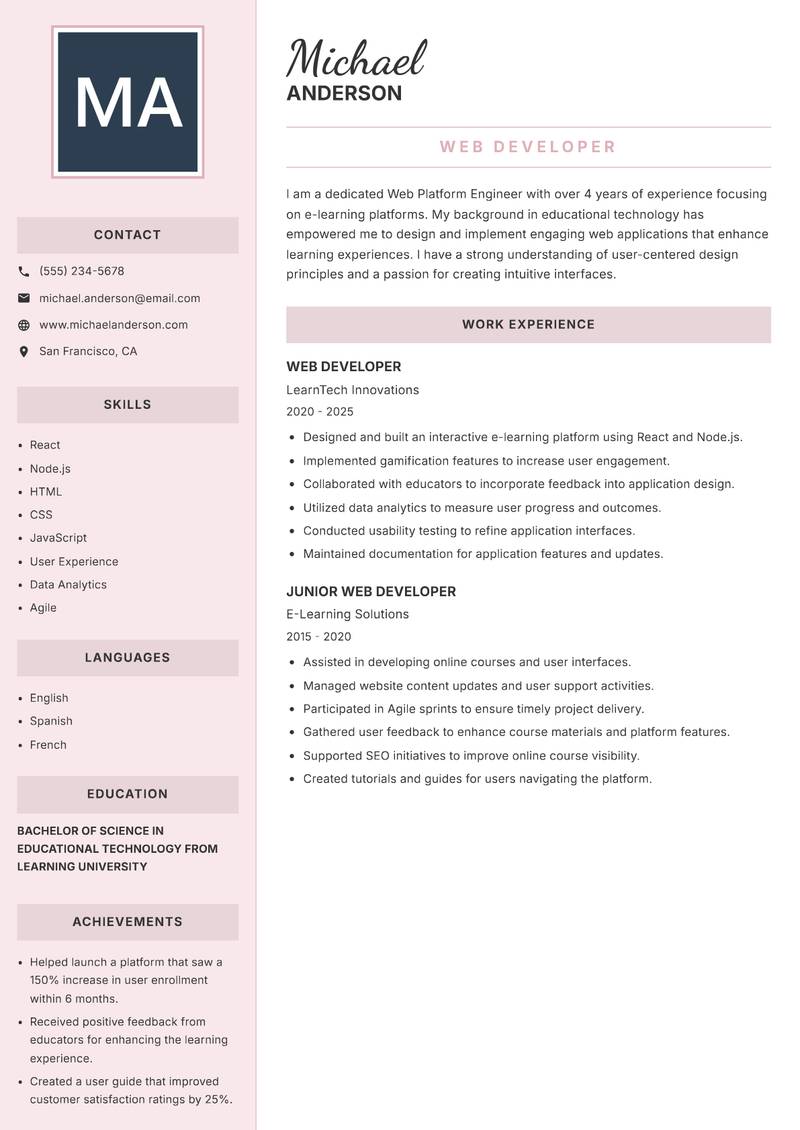 Web Platform Engineer resume sample — Web Developer focus