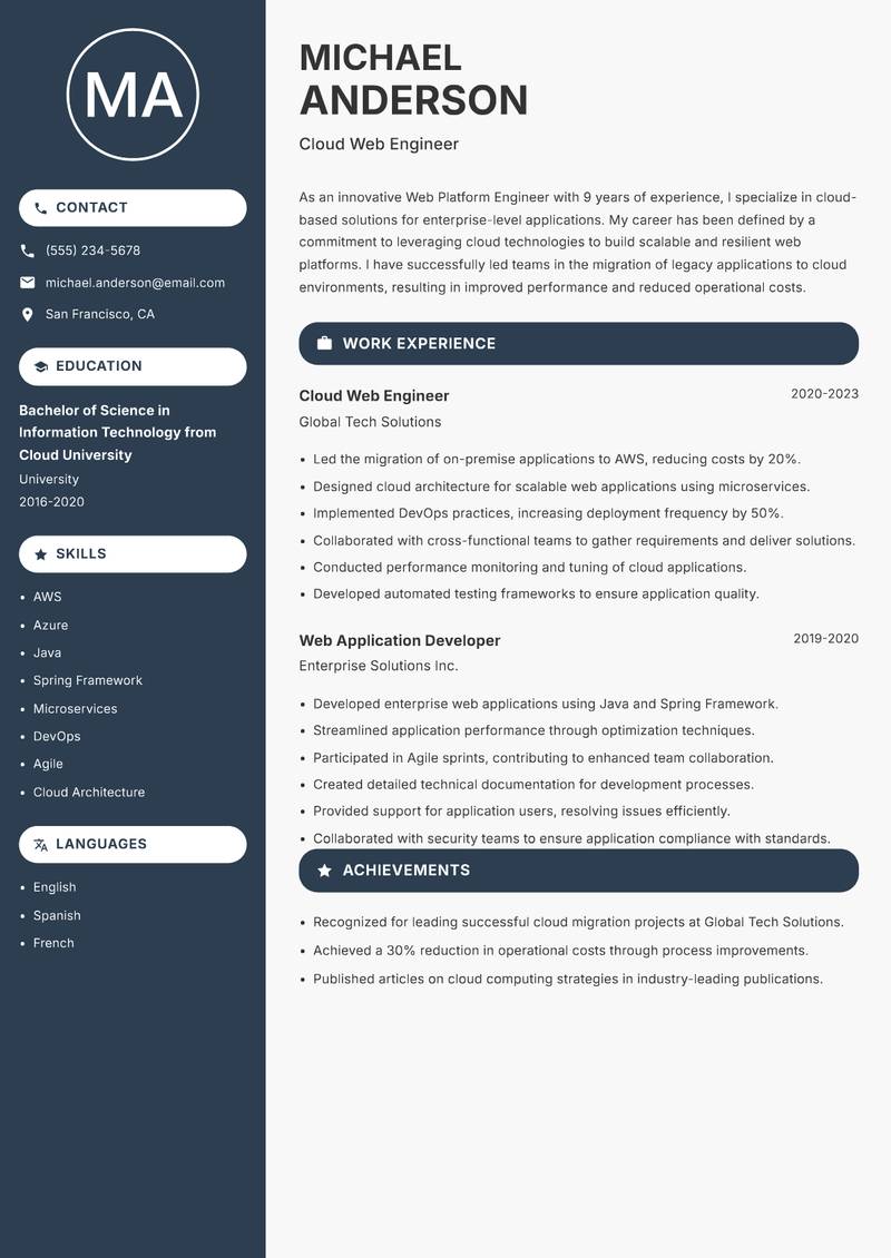 Web Platform Engineer resume sample — Cloud Web Engineer focus