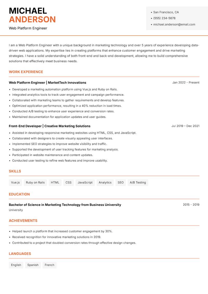 Web Platform Engineer resume sample — Web Platform Engineer focus