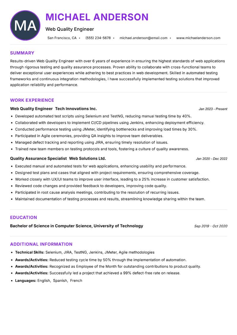 Web Quality Engineer resume example