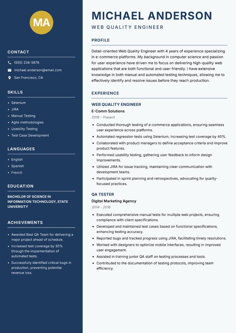 Web Quality Engineer resume sample — Web Quality Engineer focus