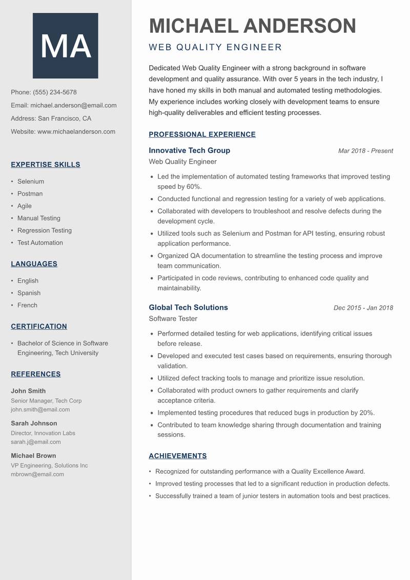 Web Quality Engineer resume sample — Web Quality Engineer focus