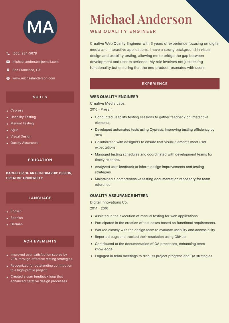 Web Quality Engineer resume sample — Web Quality Engineer focus