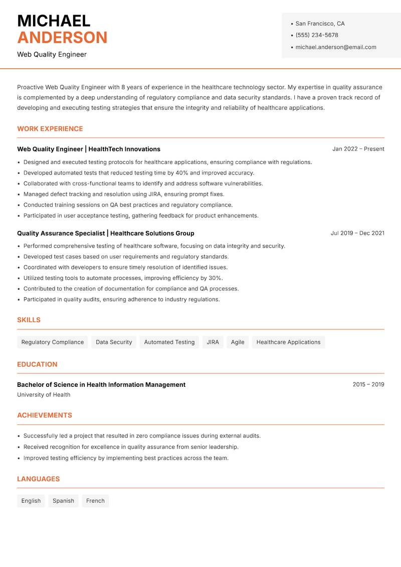 Web Quality Engineer resume sample — Web Quality Engineer focus