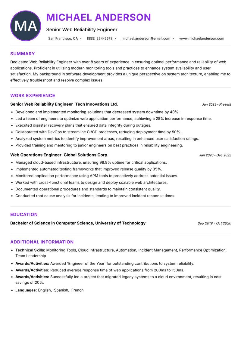 Web Reliability Engineer resume example