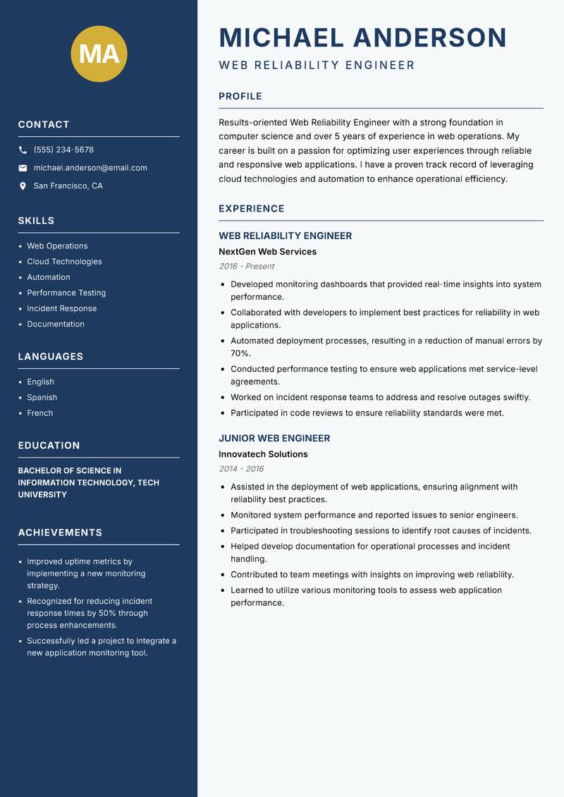 Web Reliability Engineer resume sample — Web Reliability Engineer focus