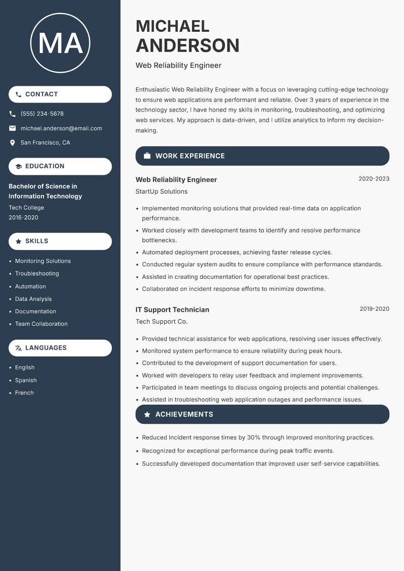 Web Reliability Engineer resume sample — Web Reliability Engineer focus