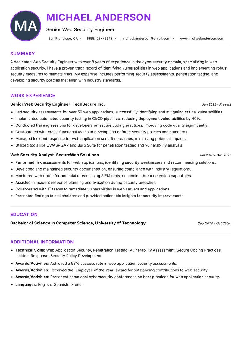 Web Security Engineer resume example
