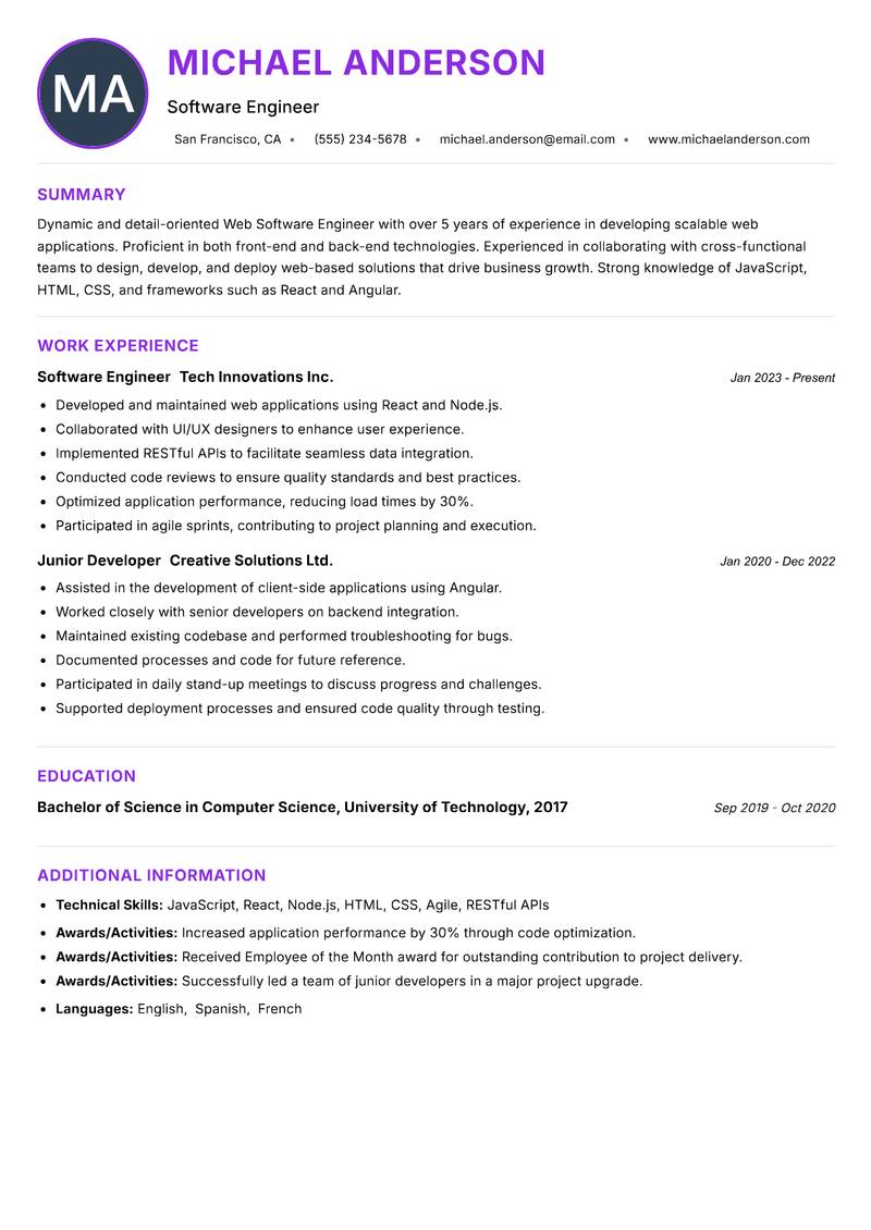 Web Software Engineer resume example