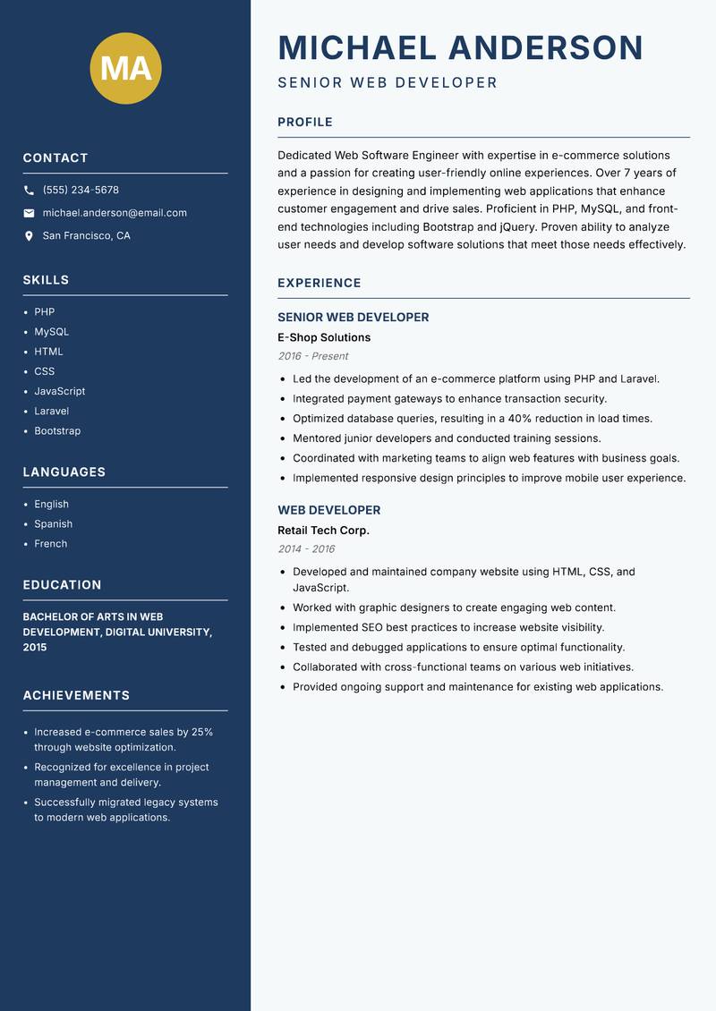 Web Software Engineer resume sample — Senior Web Developer focus