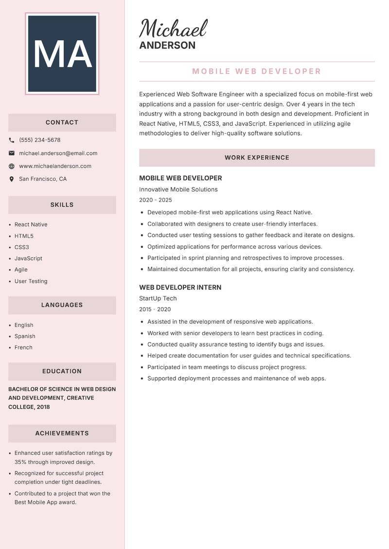 Web Software Engineer resume sample — Mobile Web Developer focus