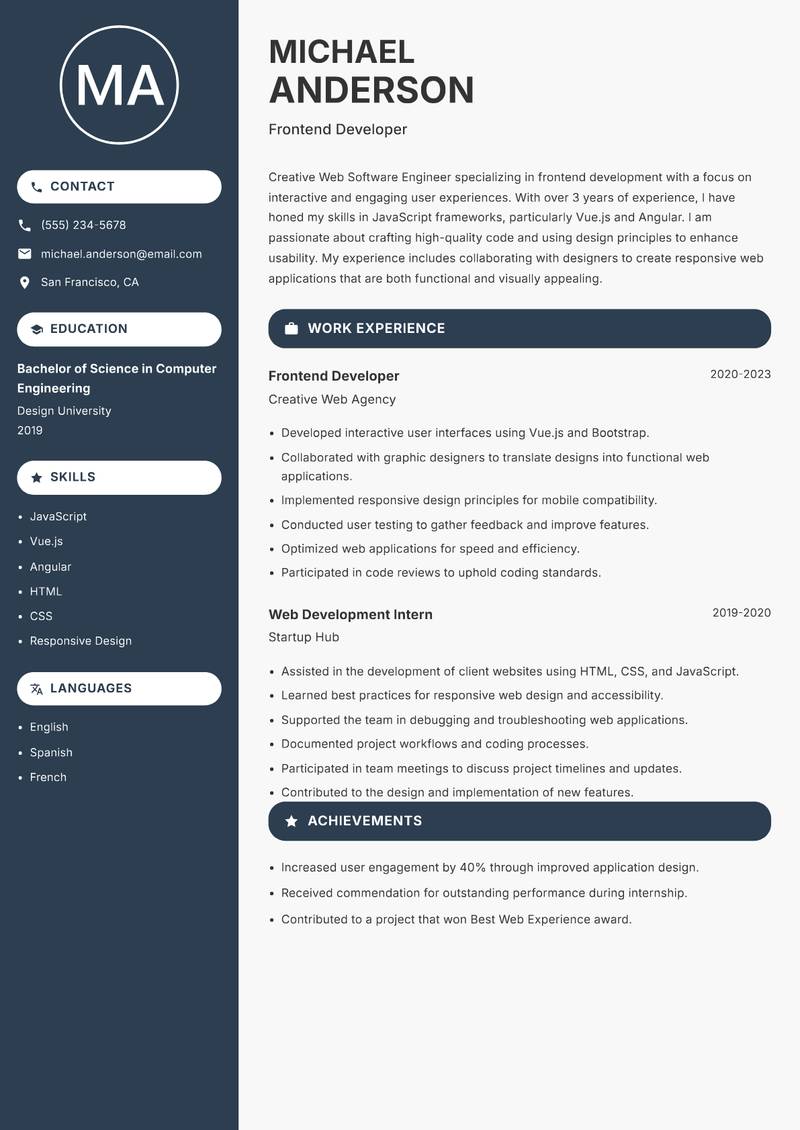 Web Software Engineer resume sample — Frontend Developer focus