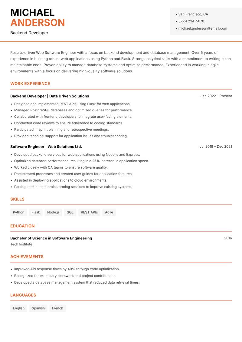 Web Software Engineer resume sample — Backend Developer focus