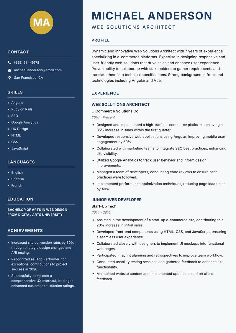 Web Solutions Architect resume sample — Web Solutions Architect focus