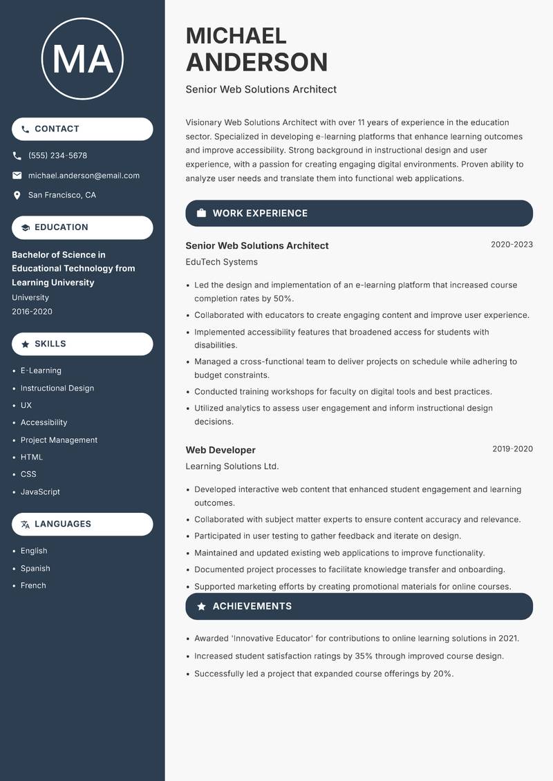 Web Solutions Architect resume sample — Senior Web Solutions Architect focus