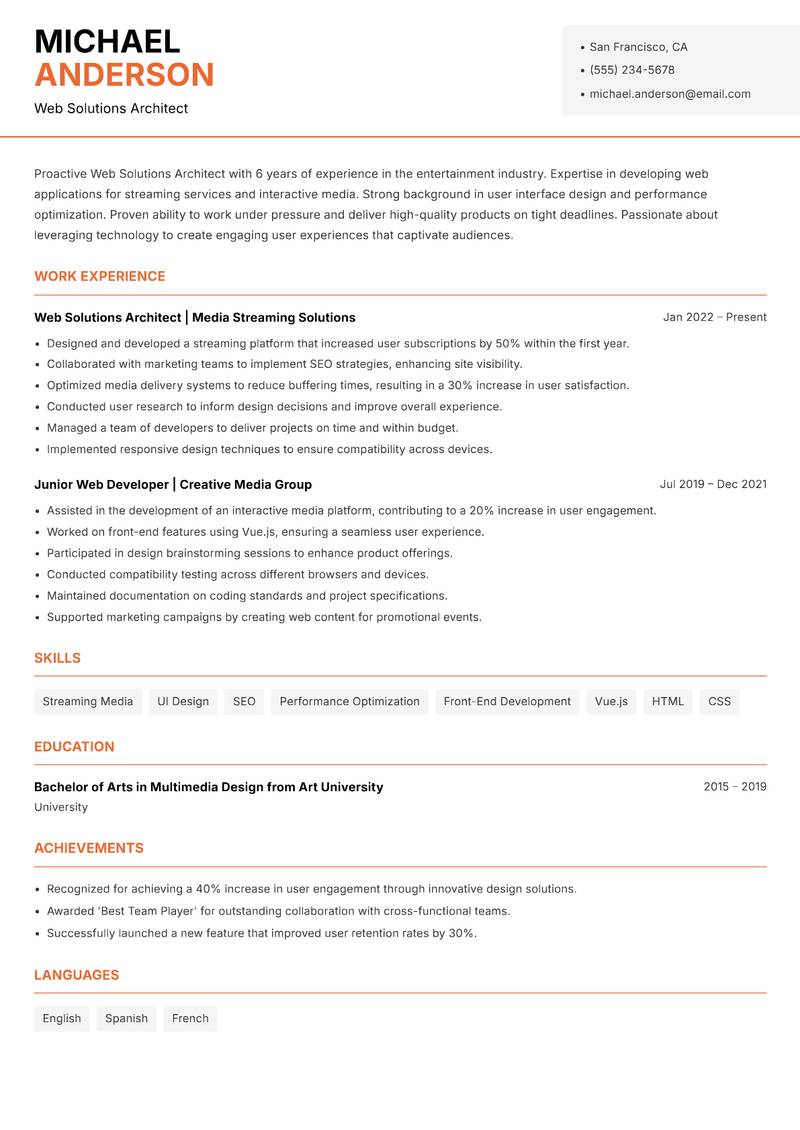 Web Solutions Architect resume sample — Web Solutions Architect focus