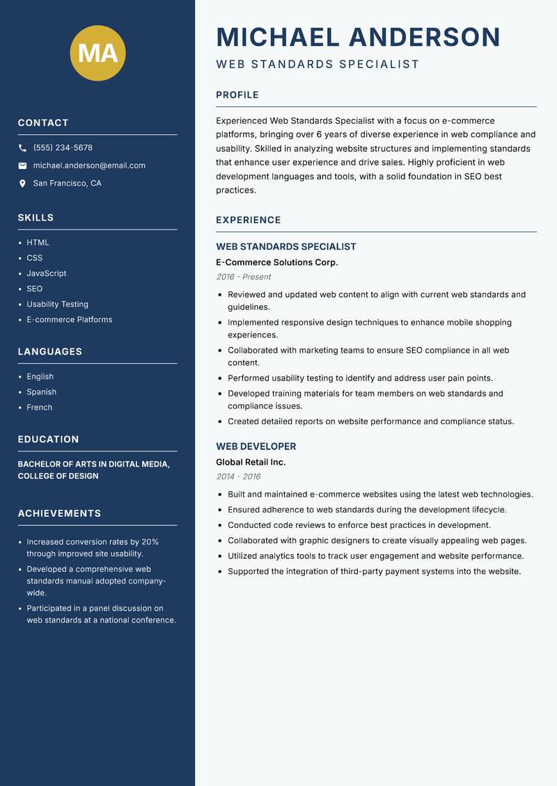Web Standards Specialist resume sample — Web Standards Specialist focus