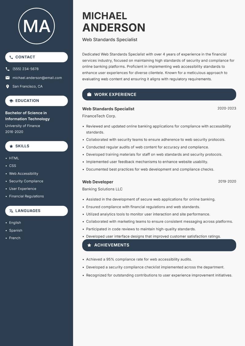 Web Standards Specialist resume sample — Web Standards Specialist focus