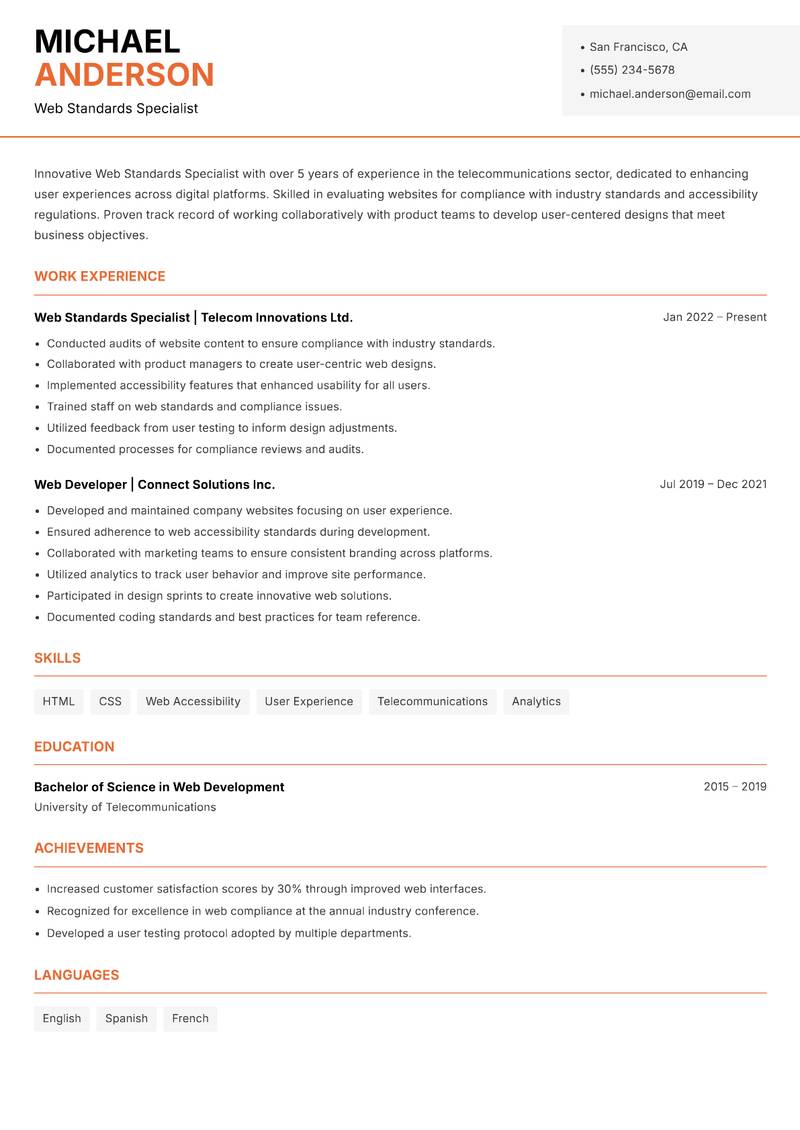 Web Standards Specialist resume sample — Web Standards Specialist focus