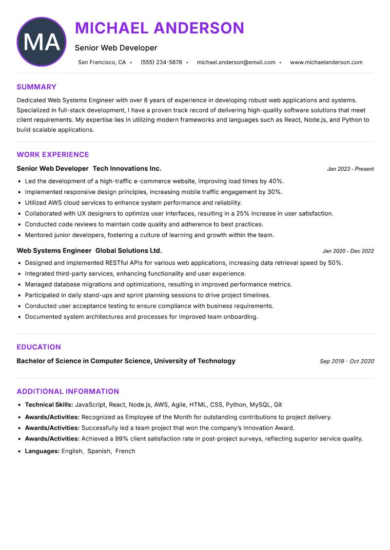 Web Systems Engineer resume example
