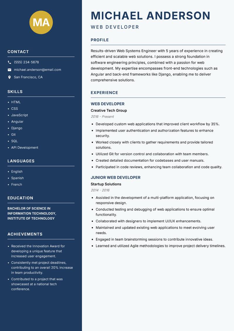 Web Systems Engineer resume sample — Web Developer focus