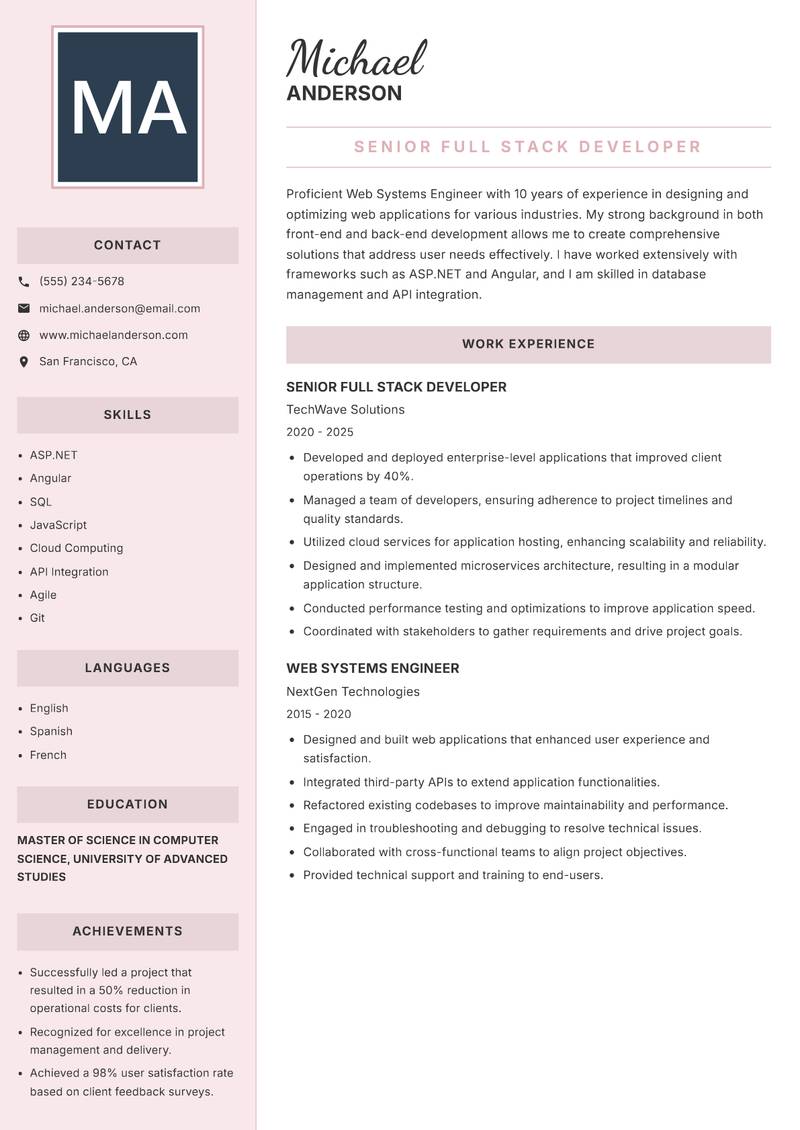 Web Systems Engineer resume sample — Senior Full Stack Developer focus