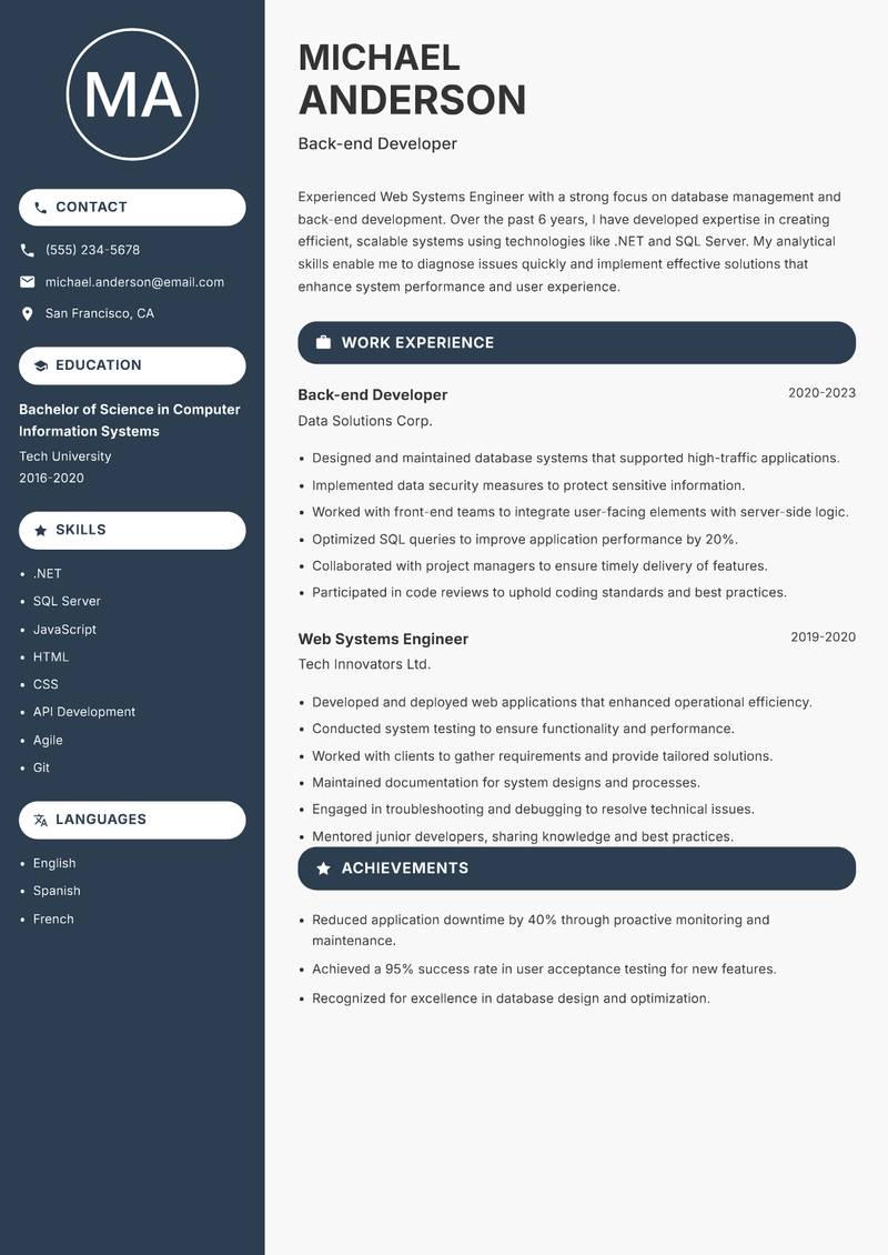 Web Systems Engineer resume sample — Back-end Developer focus