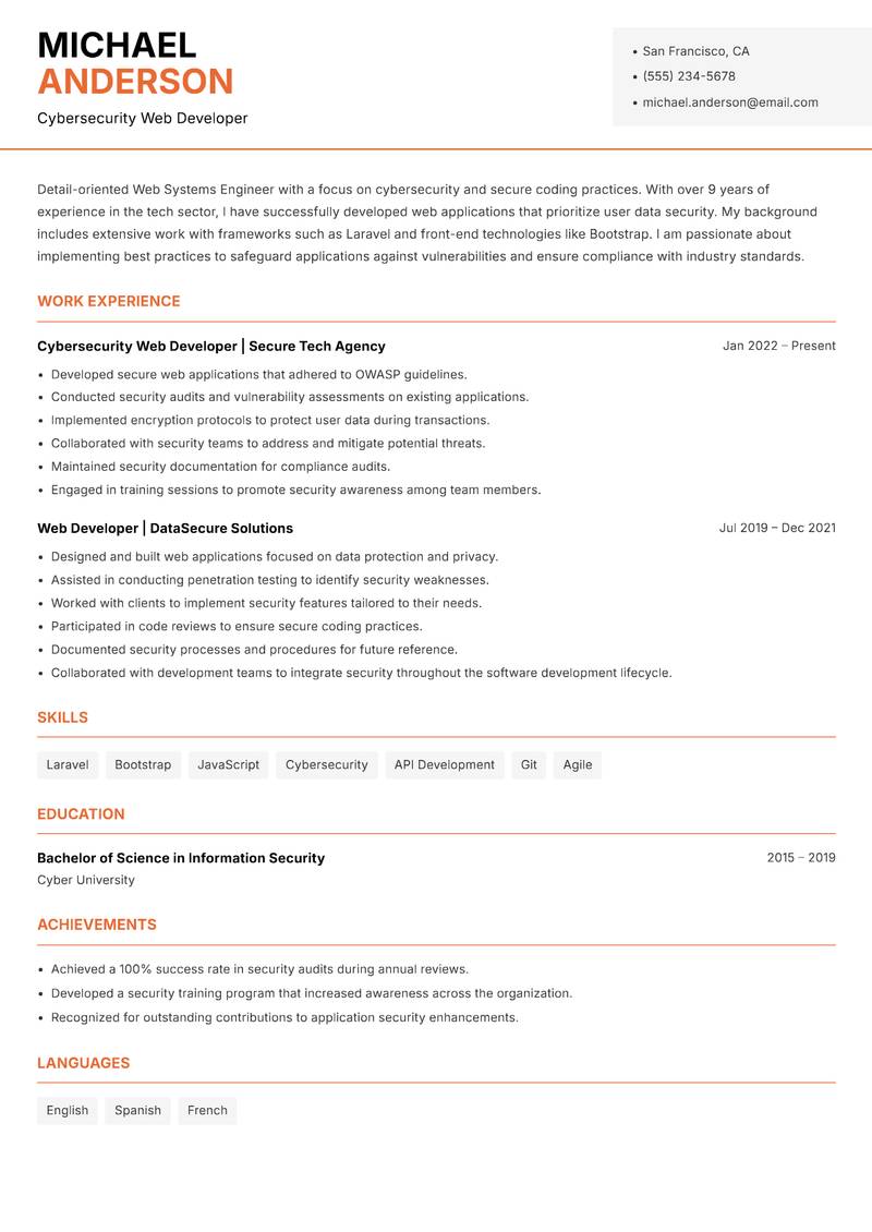 Web Systems Engineer resume sample — Cybersecurity Web Developer focus