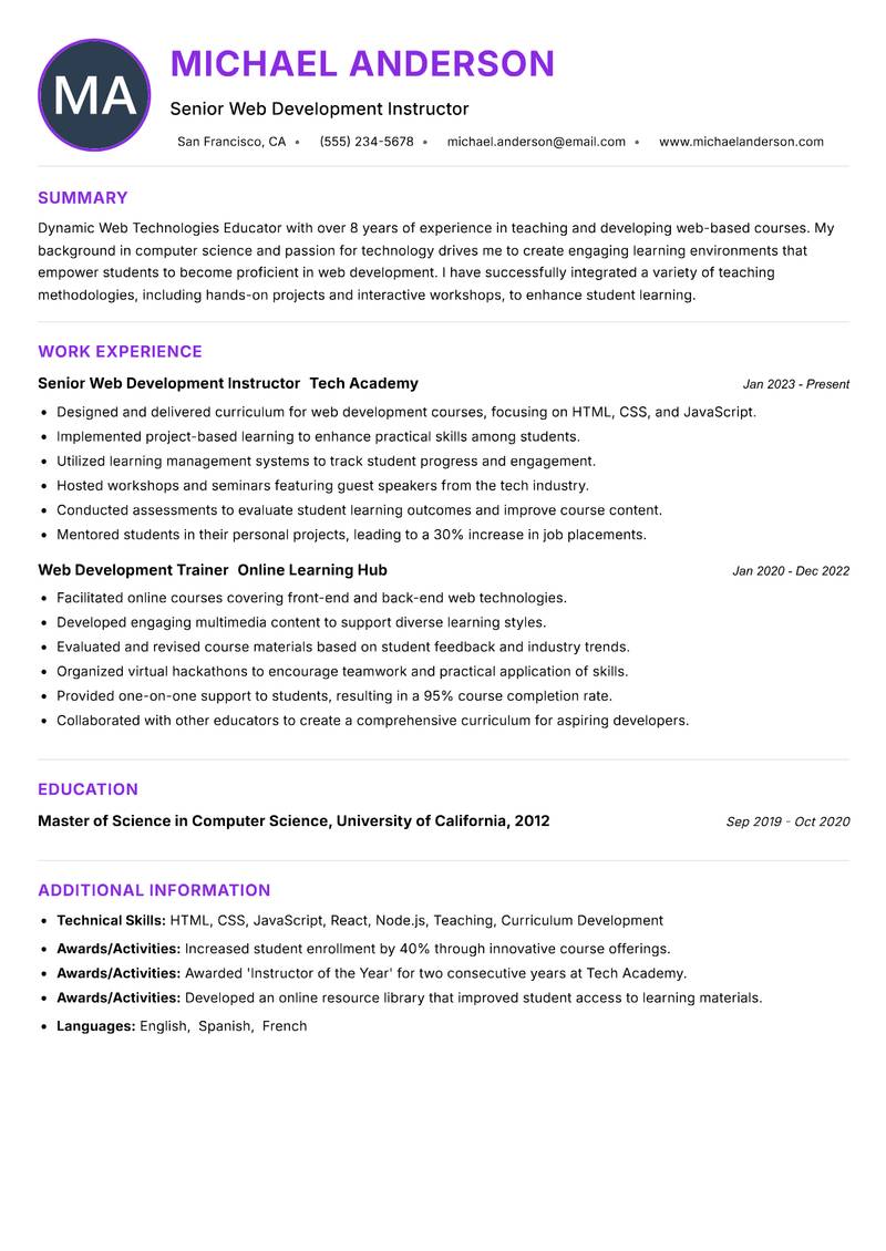 Web Technologies Educator resume example