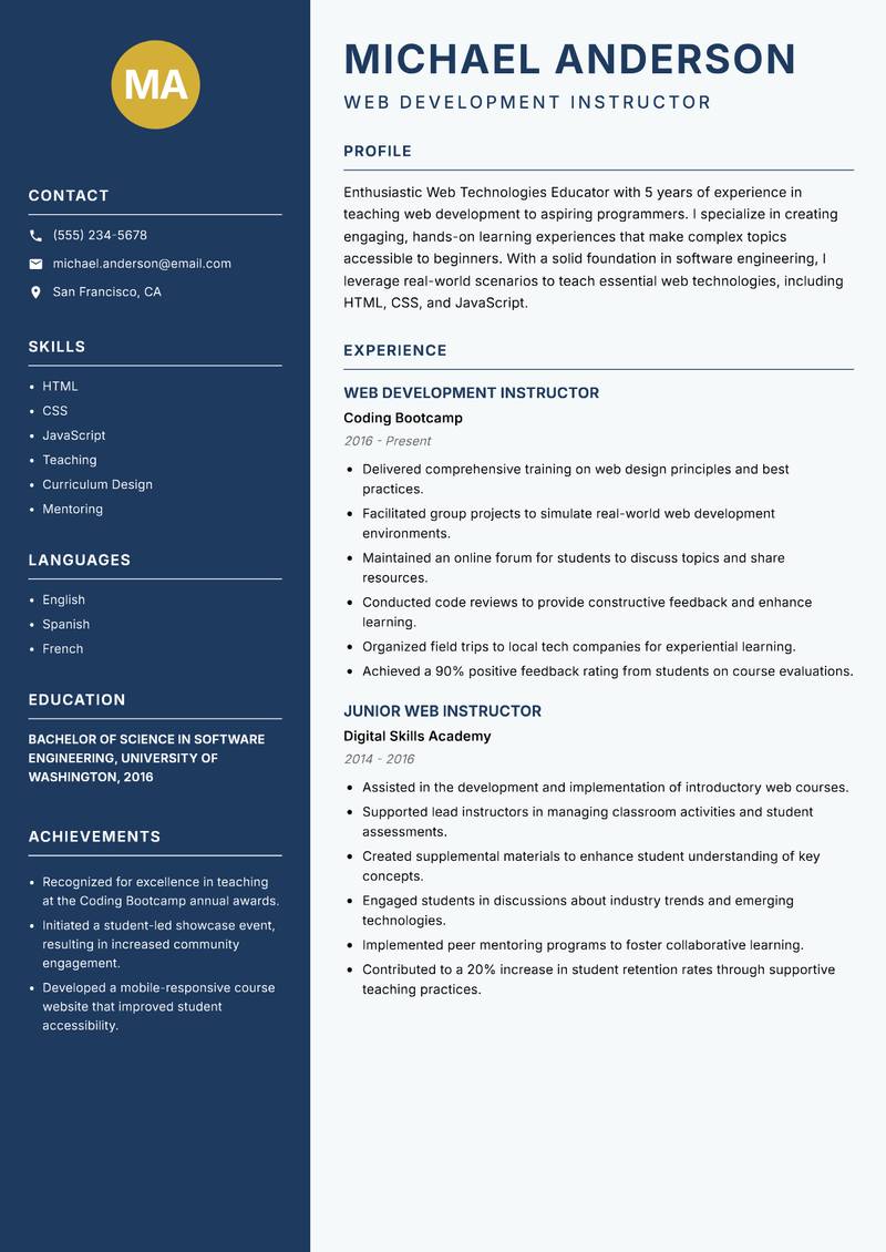 Web Technologies Educator resume sample — Web Development Instructor focus