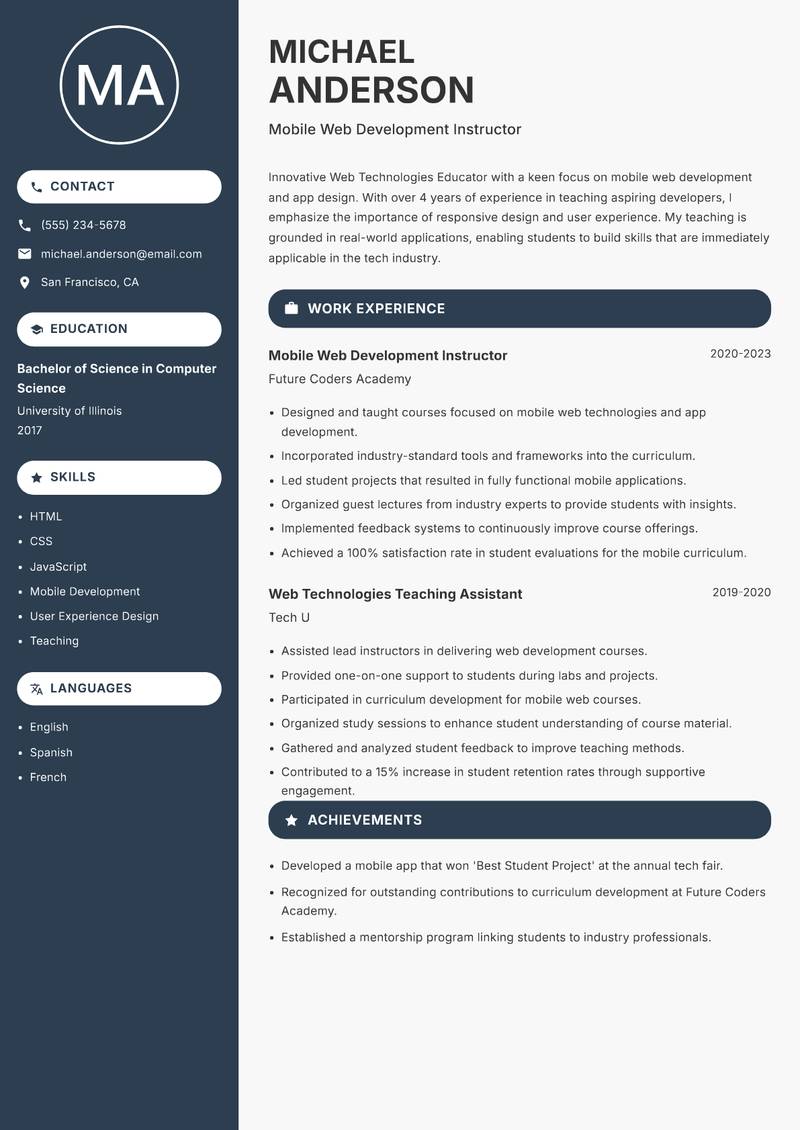Web Technologies Educator resume sample — Mobile Web Development Instructor focus