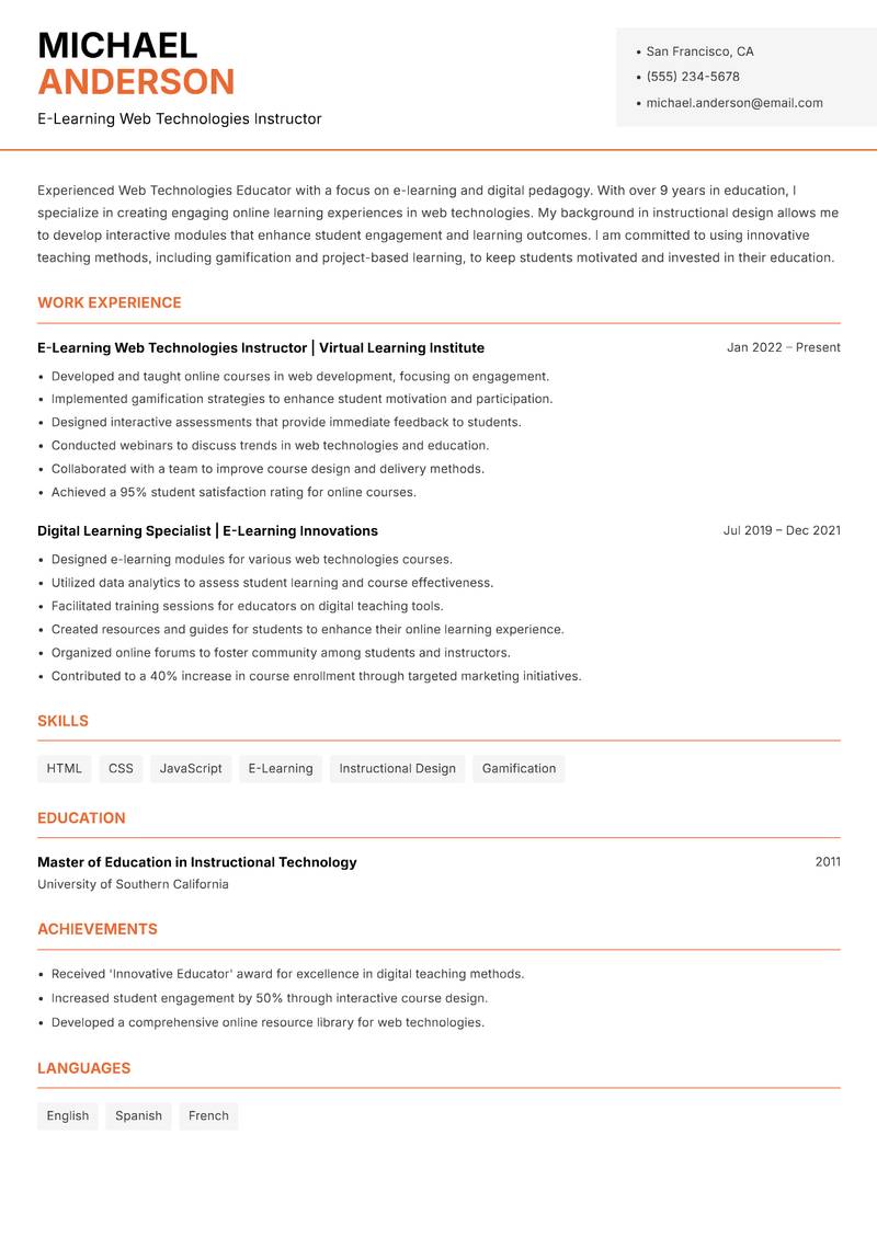Web Technologies Educator resume sample — E-Learning Web Technologies Instructor focus
