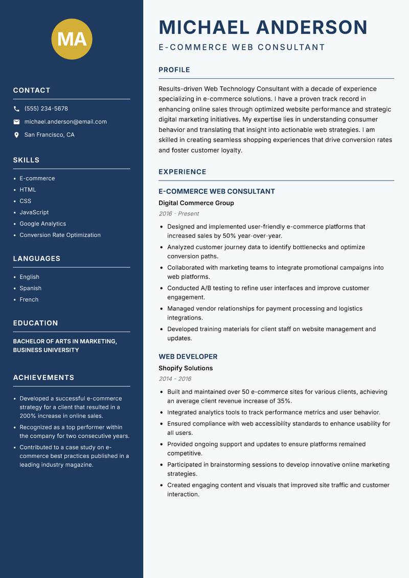 Web Technology Consultant resume sample — E-commerce Web Consultant focus
