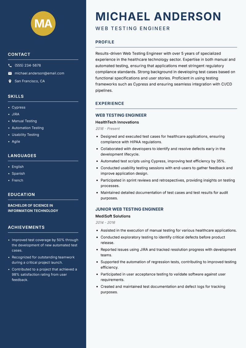 Web Testing Engineer resume sample — Web Testing Engineer focus