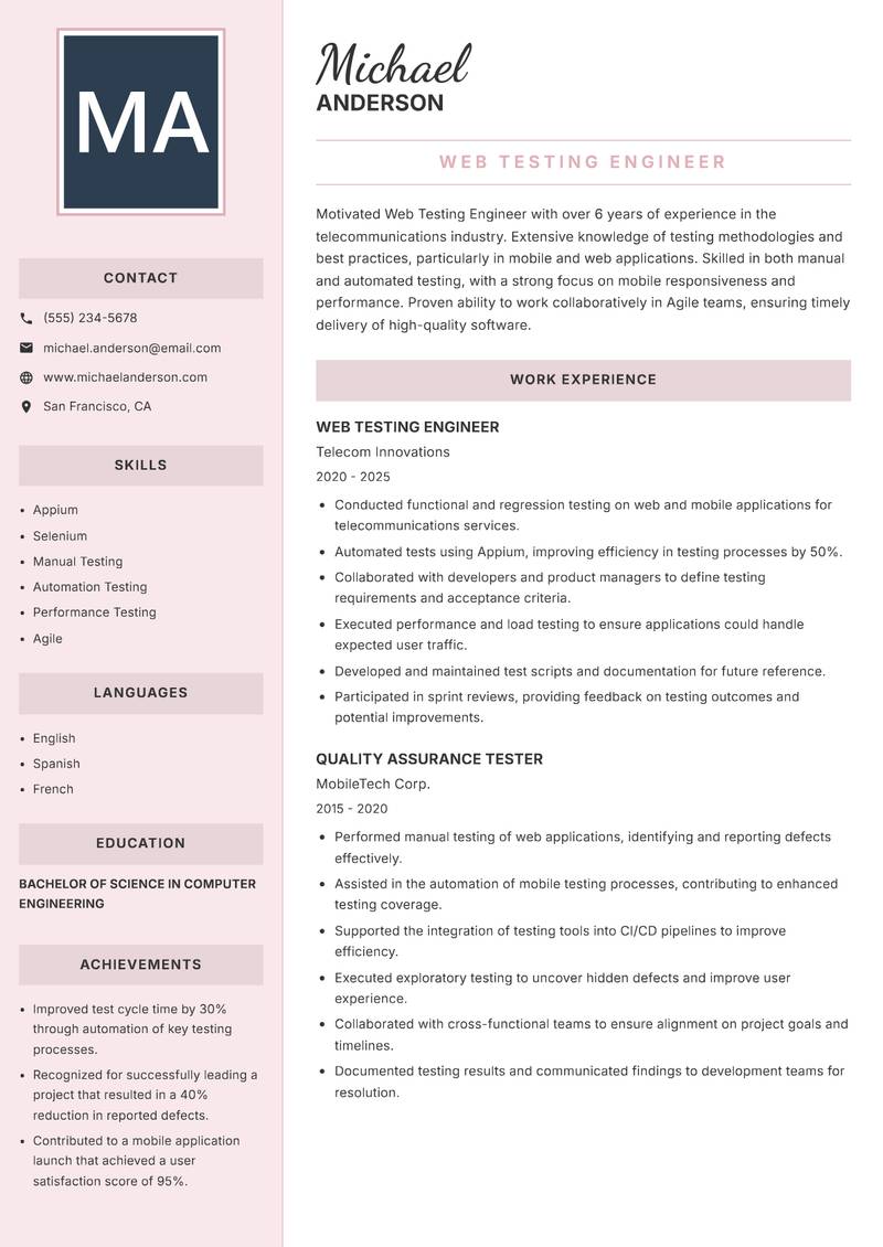 Web Testing Engineer resume sample — Web Testing Engineer focus