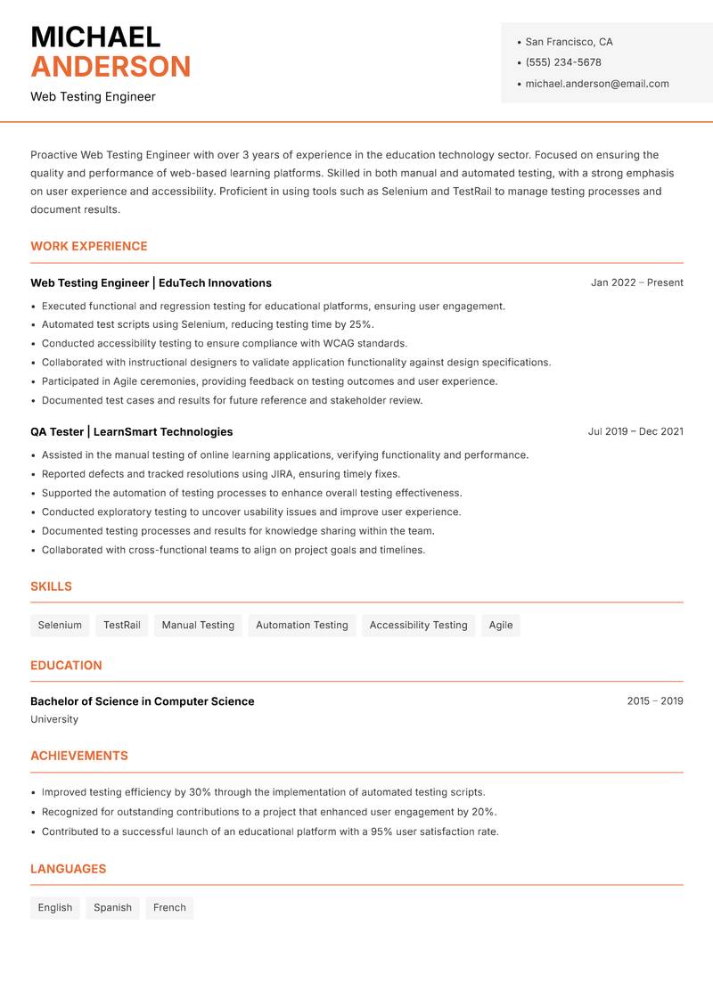 Web Testing Engineer resume sample — Web Testing Engineer focus