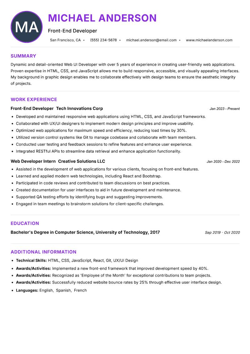 Web UI Developer resume example