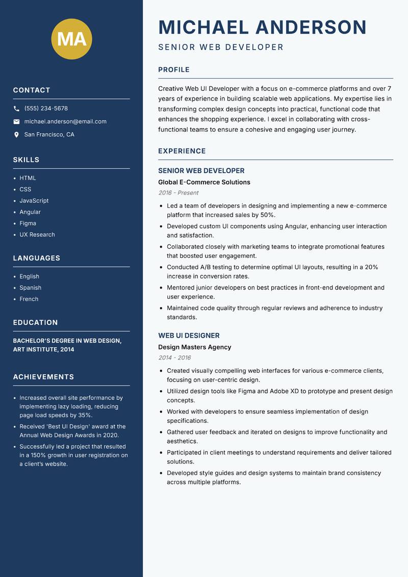 Web UI Developer resume sample — Senior Web Developer focus