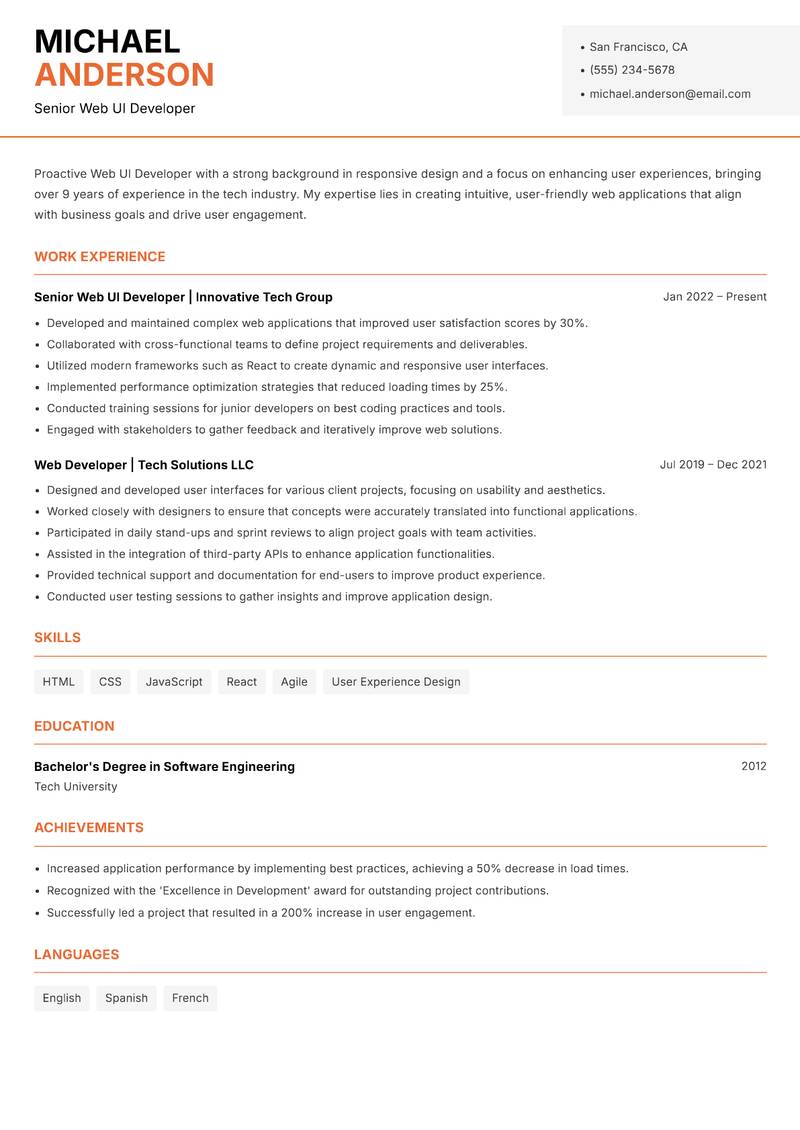 Web UI Developer resume sample — Senior Web UI Developer focus