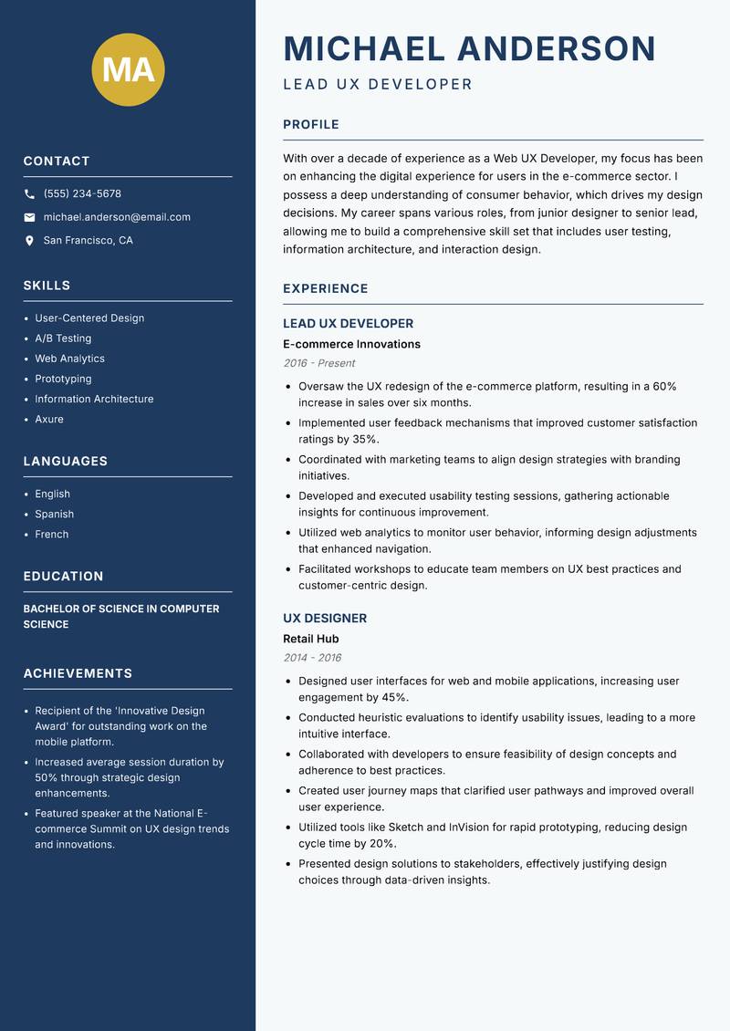 Web UX Developer resume sample — Lead UX Developer focus