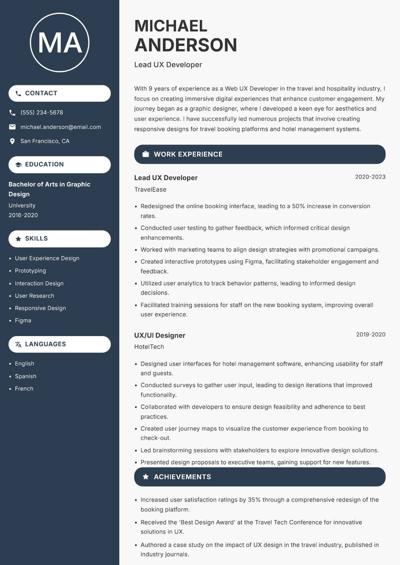 Web UX Developer resume sample — Lead UX Developer focus
