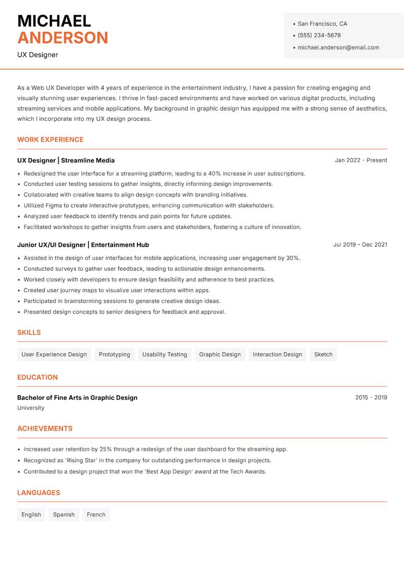 Web UX Developer resume sample — UX Designer focus