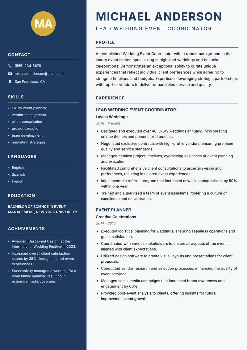 Wedding Event Coordinator resume sample — Lead Wedding Event Coordinator focus