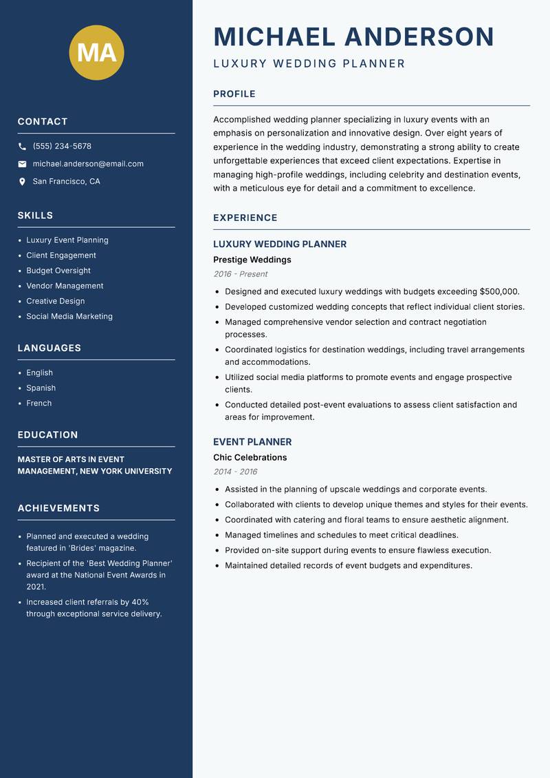 Wedding Planner resume sample — Luxury Wedding Planner focus