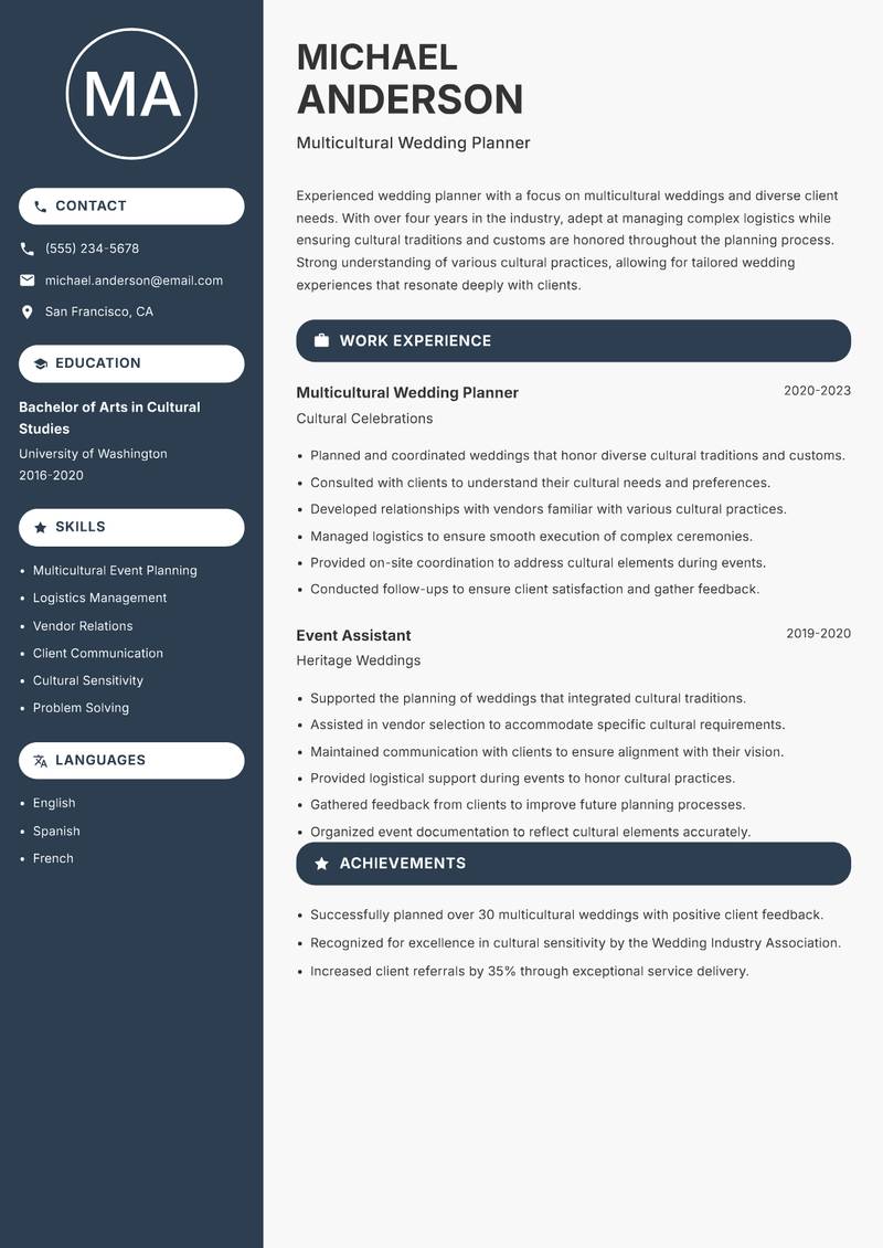Wedding Planner resume sample — Multicultural Wedding Planner focus