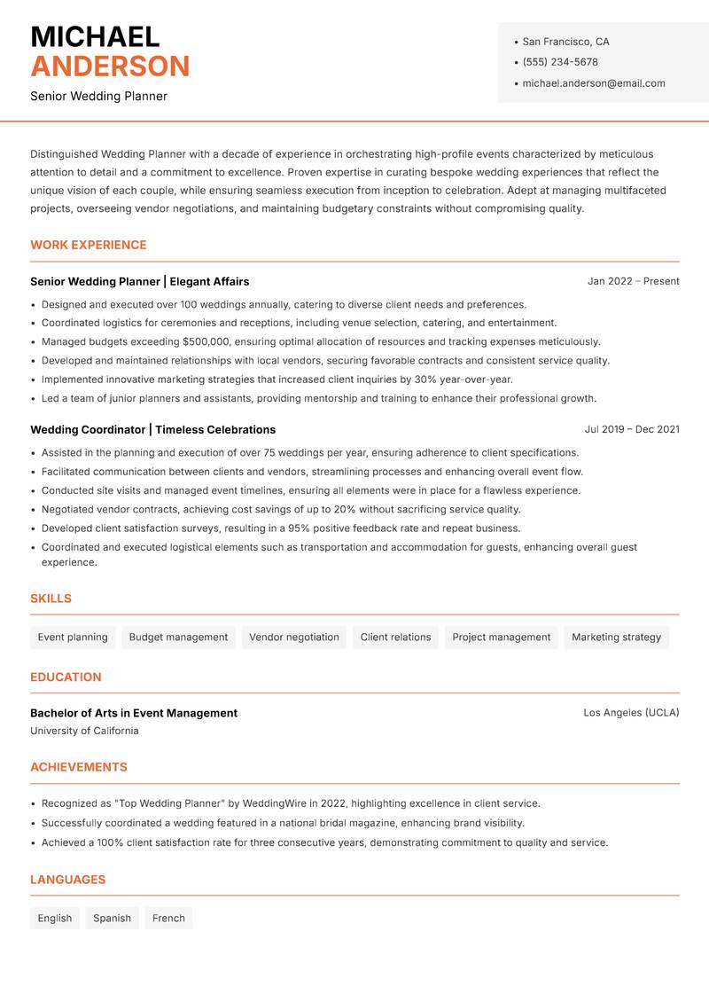 Wedding Planner resume sample — Senior Wedding Planner focus