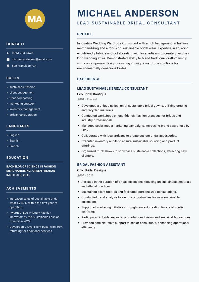 Wedding Wardrobe Consultant resume sample — Lead Sustainable Bridal Consultant focus