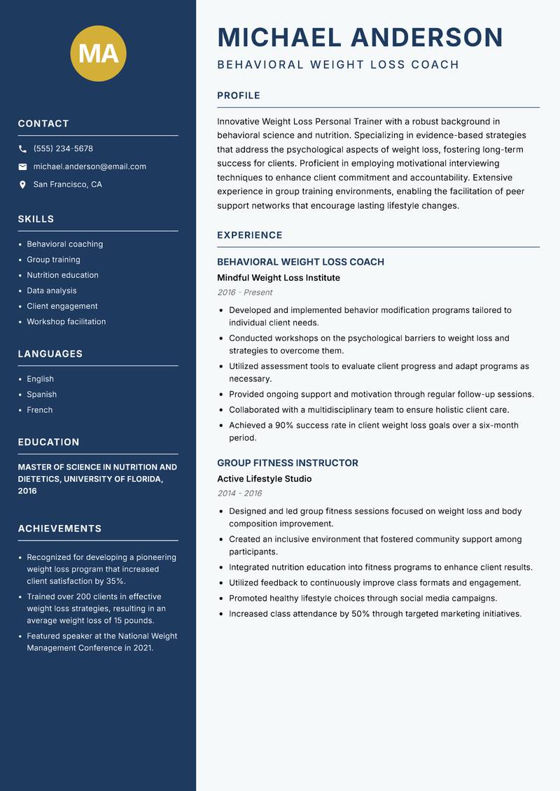 Weight Loss Personal Trainer resume sample — Behavioral Weight Loss Coach focus