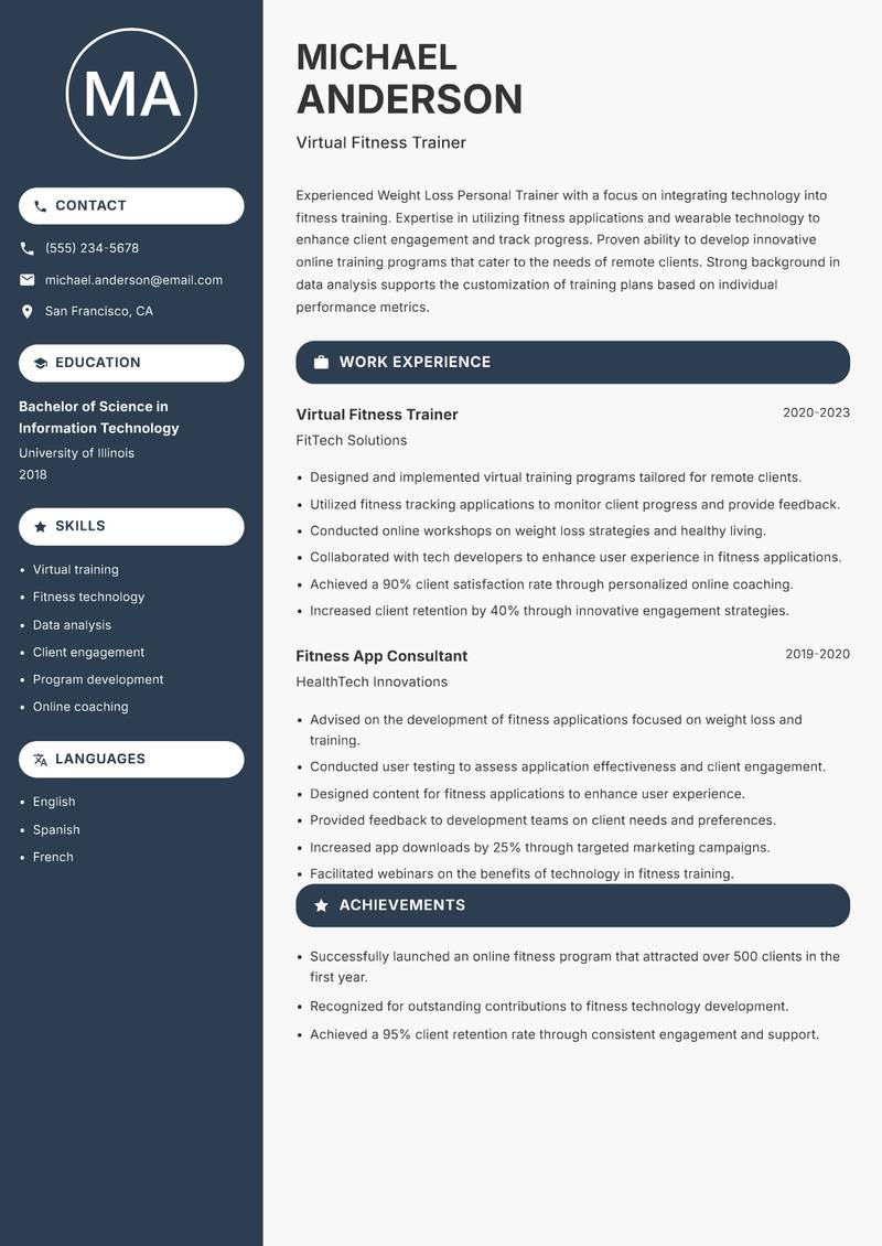 Weight Loss Personal Trainer resume sample — Virtual Fitness Trainer focus